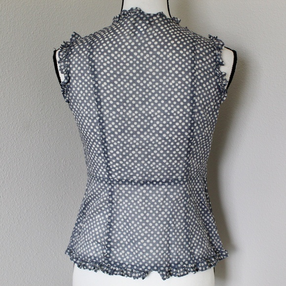 Gray-Blue & White Polka Dot Sleeveless Ruffle Detail Button Down Shirt - Picture 6 of 7